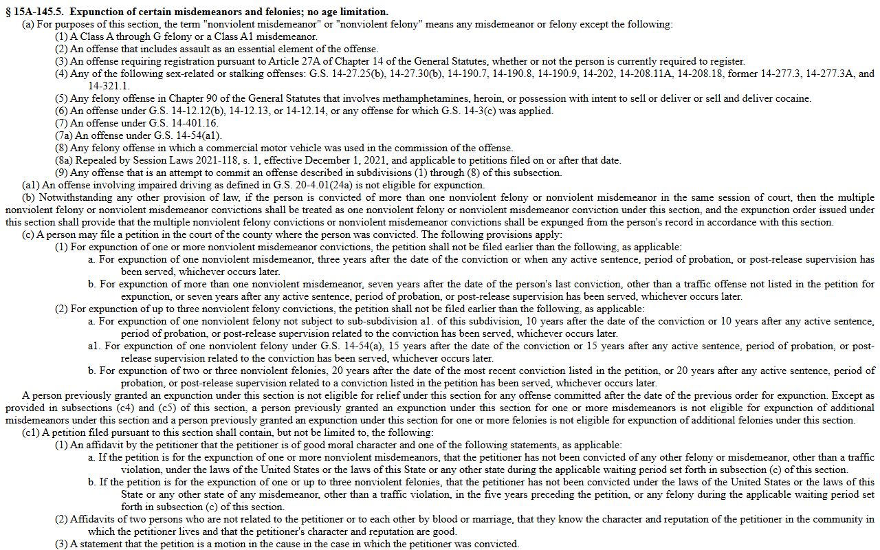 Edgecombe County criminal court records G.S. 15A-145.5 expunction statute