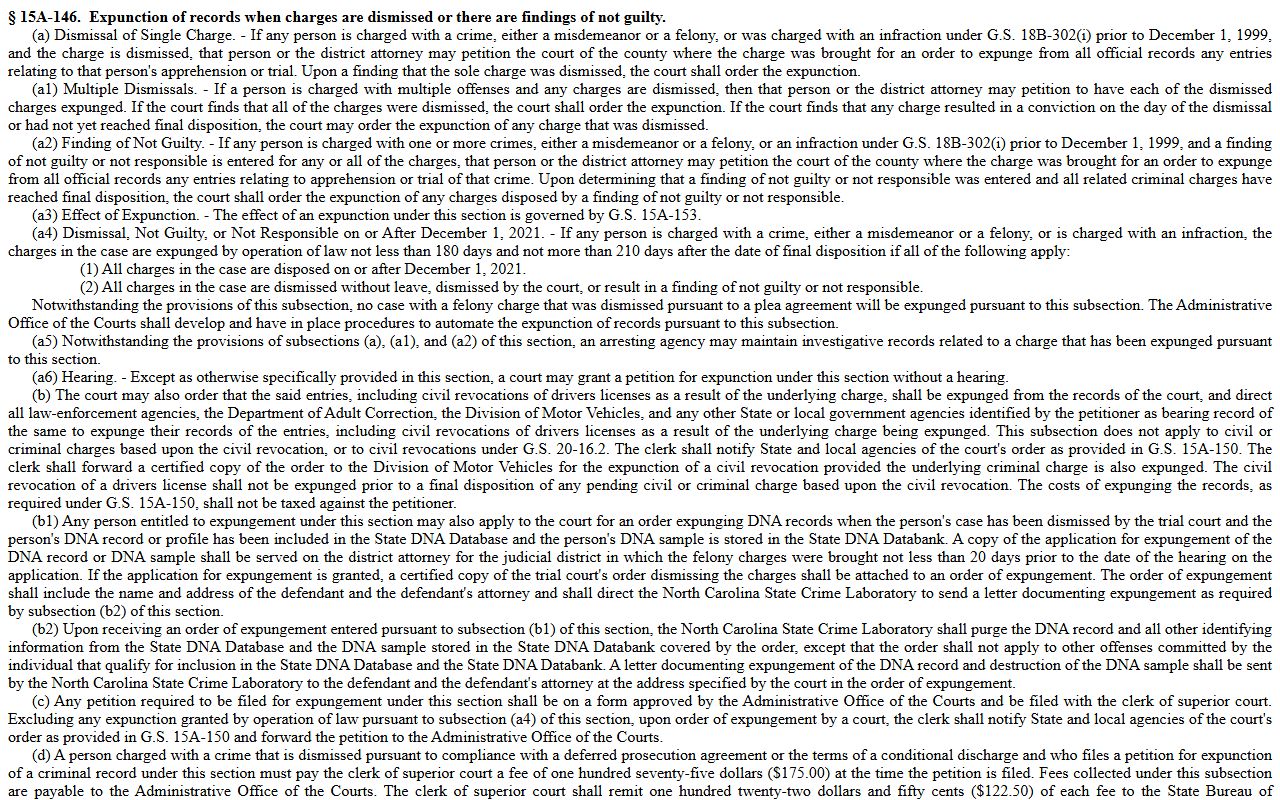 Edgecombe County criminal court records G.S. 15A-146 expunction statute