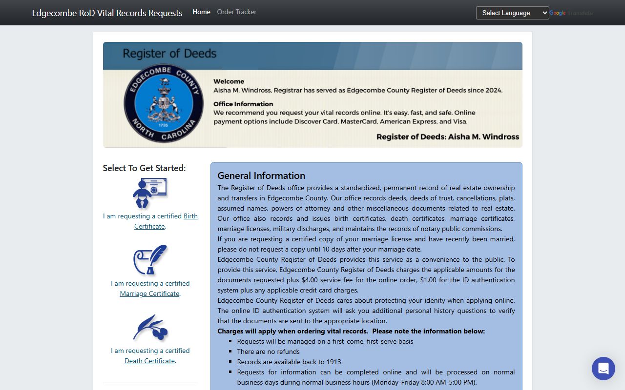 Edgecombe County marriage records Permitium online certificate ordering